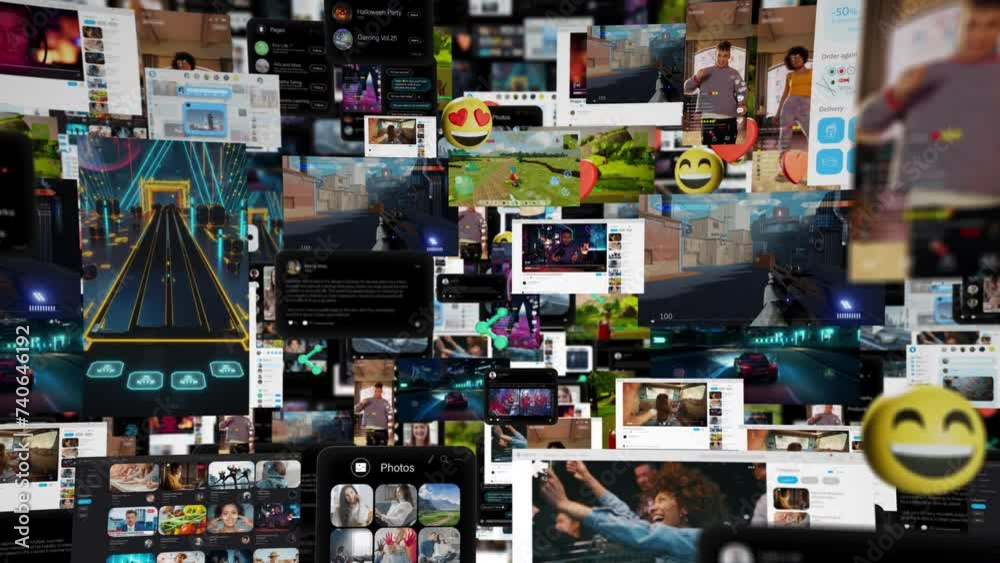Aufkleber Animated Virtual Background with Social Networks Connected Together Online. Internet of Things Concept with Videos, Internet Profiles, Online Gaming, Media Shares Flowing in Technology Cyberspace