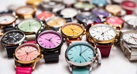 Various colorful watch in a neat row on a white background