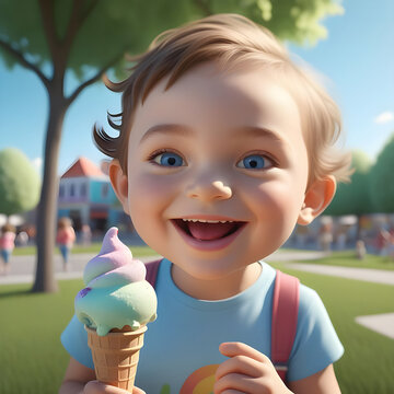Child eating ice cream cone. Playful and fun image of a child generated by AI.