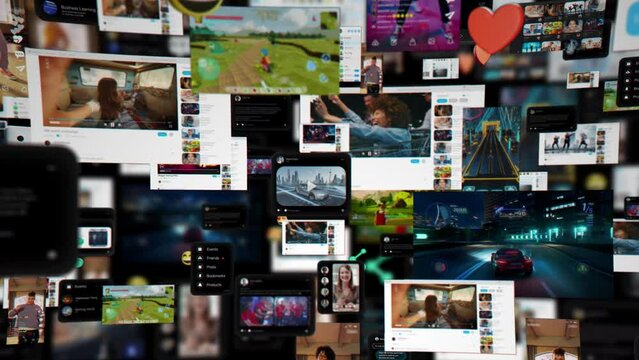 Dark Digital Background with Different Online Services. Demonstration of Messenger Apps, Dating Profiles, Game Streams, Entertainment Viral Videos All Connected in One Social Network Visualization