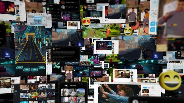 Animated Virtual Background with Social Networks Connected Together Online. Internet of Things Concept with Videos, Internet Profiles, Online Gaming, Media Shares Flowing in Technology Cyberspace