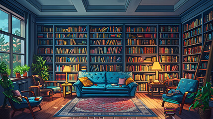 Illustration library room bookshelf literature education knowledge study reading learning interior design, Generative Ai

