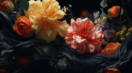Black silk drapery with flowers. Floral elegant background with fabric and peonies flowers for design.