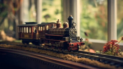 Closeup of a black vintage, historic steam locomotive with wagons, toy or model on the railroad tracks, movement - obrazy, fototapety, plakaty