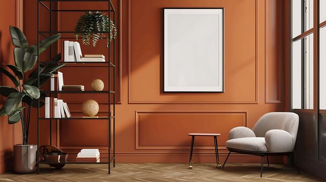 A mockup poster blank frame hanging on a warm caramel feature wall, above a minimalist metal book rack, Minimalist-style living area