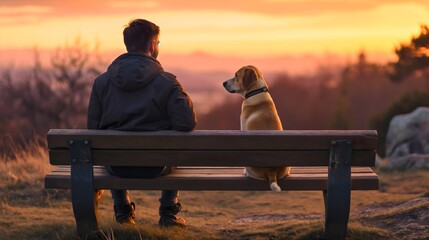 Rearview photography of a man and a dog sitting on a wooden bench in the nature park at the golden hour sunset orange sky time outdoors. Male person and his best friend, loyal pet, human and animal