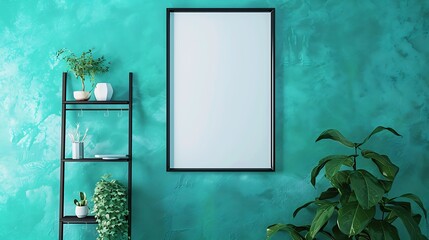 A mockup poster blank frame hanging on a vibrant turquoise wall, above a minimalist ladder shelf, Minimalist-style living area
