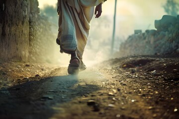 Closeup of Jesus walking on dusty path - obrazy, fototapety, plakaty