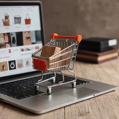 Shopping cart on a laptop.  E-commerce conceptual image