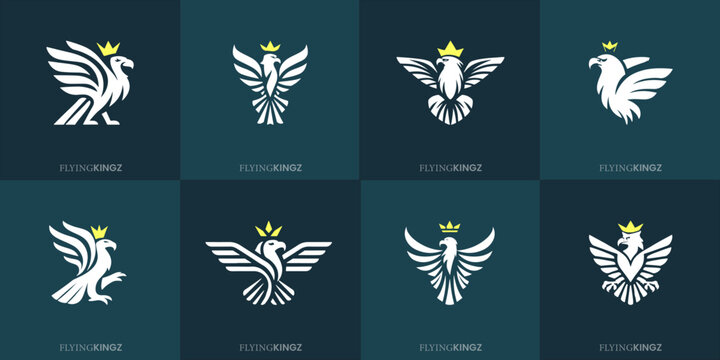 Adler-Unternehmenslogos: Firmenbildmarken mit Adler, ausgebreiteten Flügeln und Krone