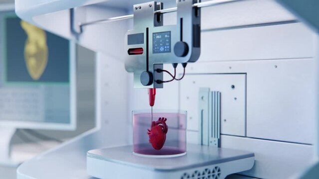 Science Laboratory Bioprinting a 3D Human Heart. Advanced Genetic Engineering Machine Creating an Artificial Organ with Airways and Blood Vessels Under Computer Control. Medical Anatomy Concept