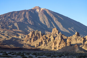 Pico del Teide volcano with beautiful rock formations. Sunset golden hour landscape on Tenerife