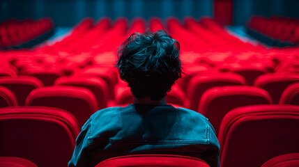 One lonely person in a theater on red seat watching movie alone, Generative Ai

