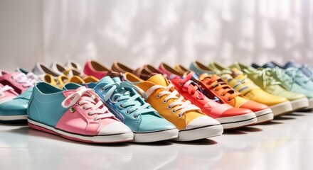 Various colorful shoes in a neat row on a white background