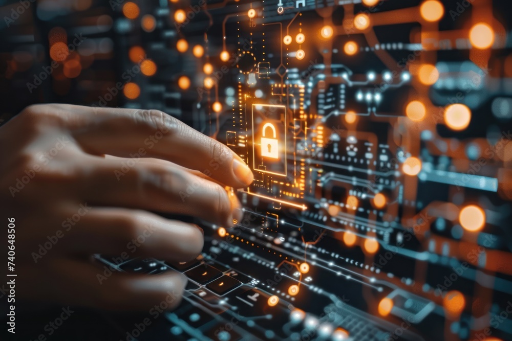 Poster finger touching key icon on circuit board symbolizing advanced security in digital technology concep