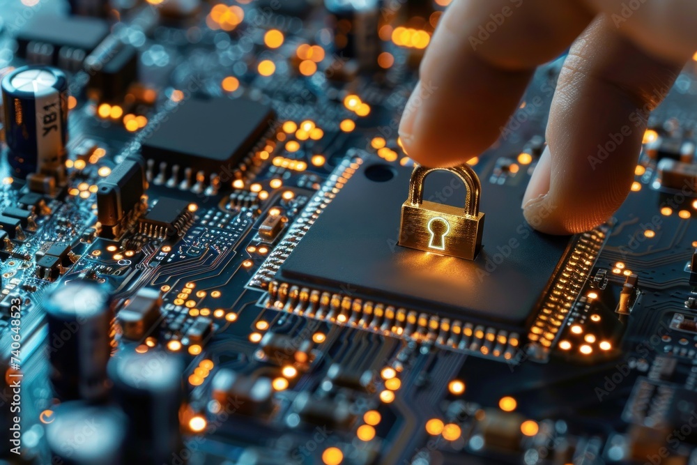 Poster finger touching key icon on circuit board symbolizing advanced security in digital technology concep