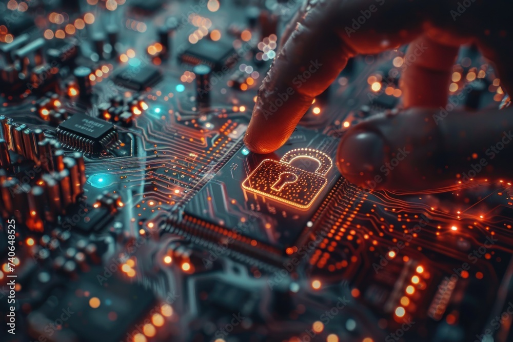Poster finger touching key icon on circuit board symbolizing advanced security in digital technology concep