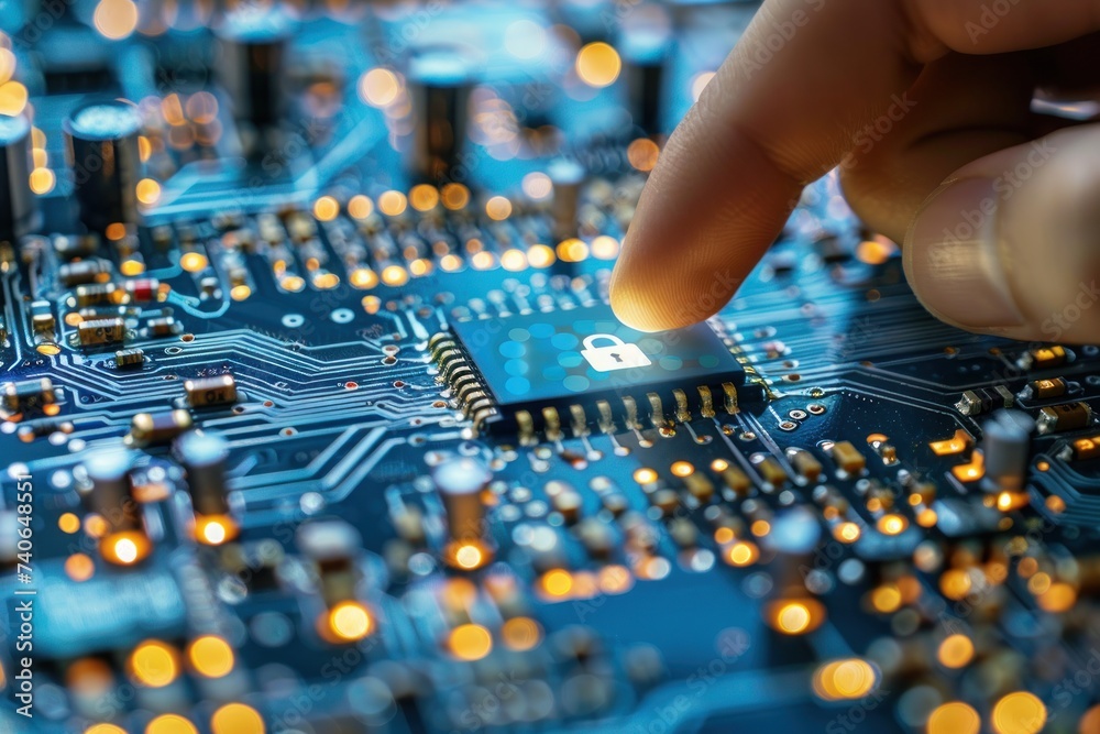 Poster finger touching key icon on circuit board symbolizing advanced security in digital technology concep