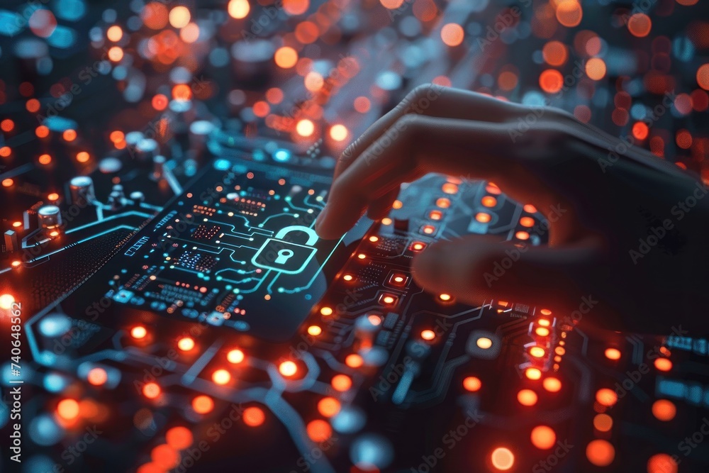Poster finger touching key icon on circuit board symbolizing advanced security in digital technology concep