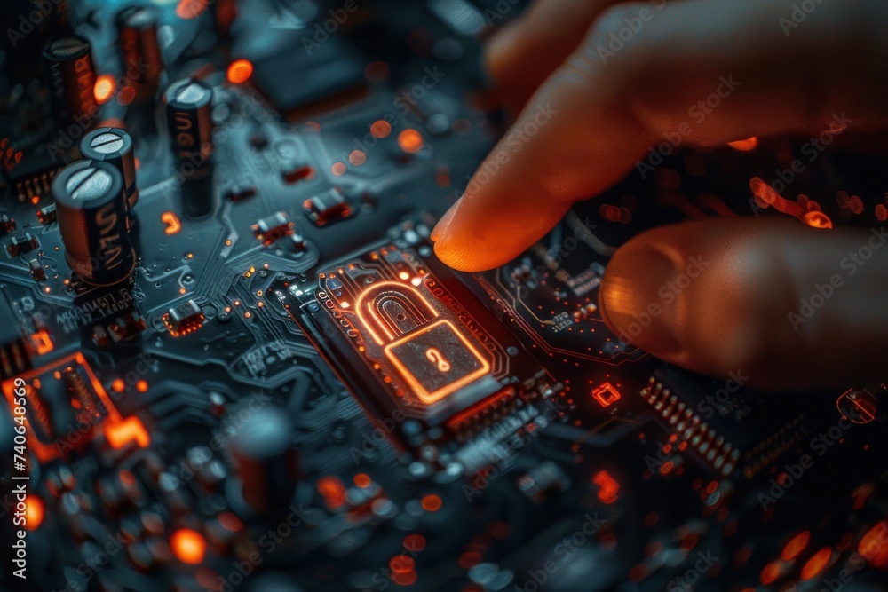 Poster finger touching key icon on circuit board symbolizing advanced security in digital technology concep