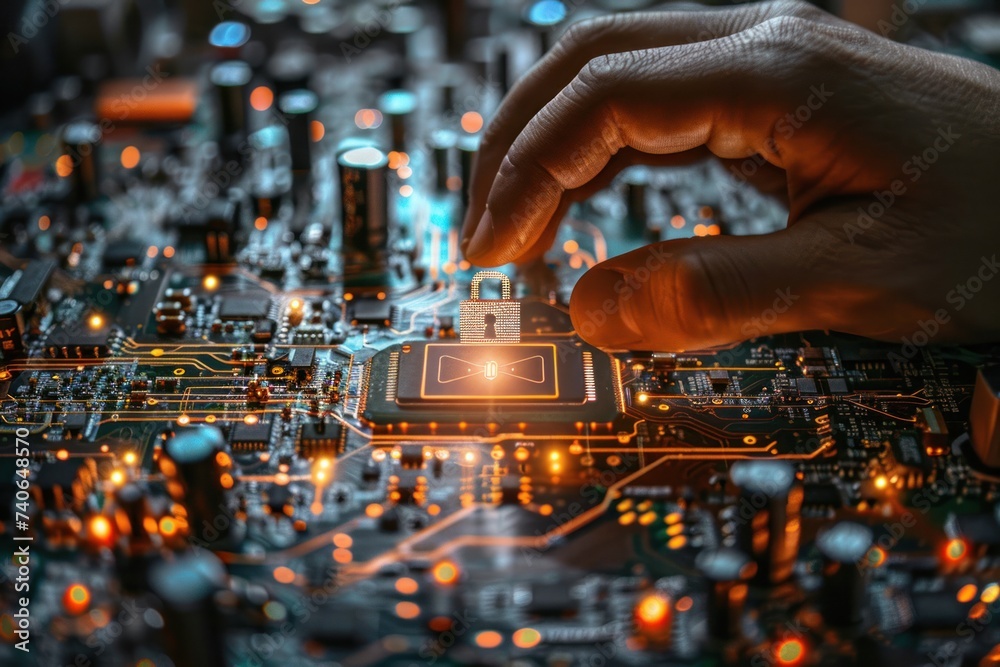 Poster finger touching key icon on circuit board symbolizing advanced security in digital technology concep