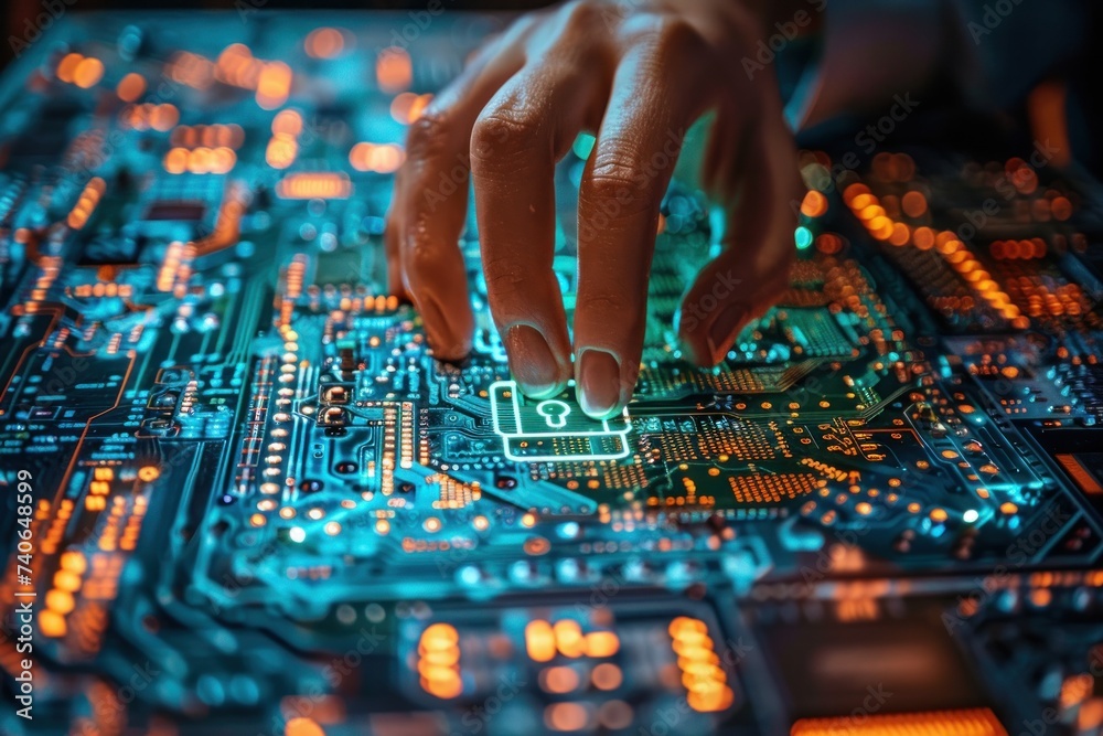 Poster finger touching key icon on circuit board symbolizing advanced security in digital technology concep