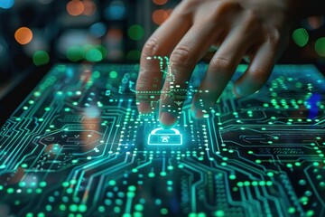 Finger touching key icon on circuit board symbolizing advanced security in digital technology conceptual representation of cybersecurity and data protection showcasing integration of modern computing