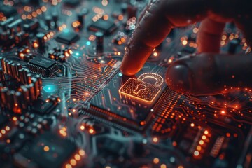 Finger touching key icon on circuit board symbolizing advanced security in digital technology conceptual representation of cybersecurity and data protection showcasing integration of modern computing