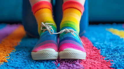 Kid feet wearing colorful rainbow shoes and socks, happy child fashion footwear fun playful cheerful, Generative Ai

