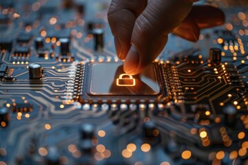 Finger touching key icon on circuit board symbolizing advanced security in digital technology conceptual representation of cybersecurity and data protection showcasing integration of modern computing