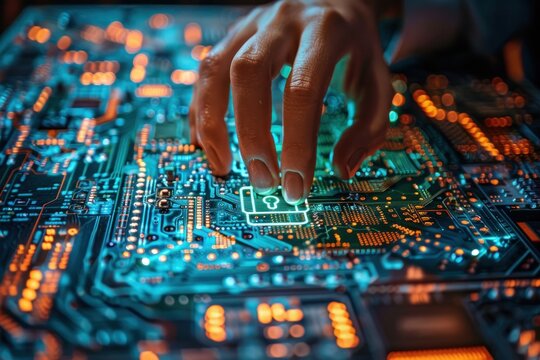Finger touching key icon on circuit board symbolizing advanced security in digital technology conceptual representation of cybersecurity and data protection showcasing integration of modern computing