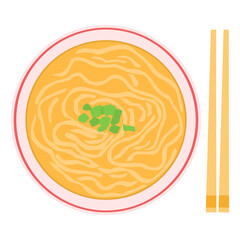 Ramen Noodles top view. with chopsticks. Isolated on white background line art style illustration.