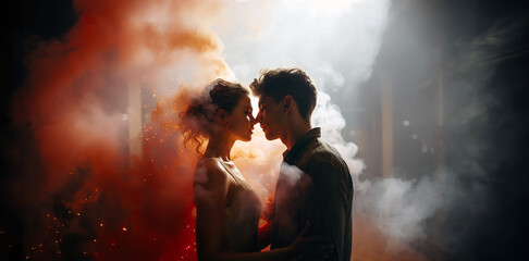 A couple of man and woman sharing tender moments in a fantasy like scene of colorful blowing smoke in a dark shadowy street. Sunlight from above in the background. - 740648760