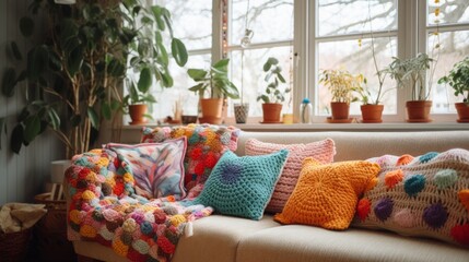  A photo showcasing a collection of knitted pillows on a boho-chic couch, adding a touch of handmade charm to the living space