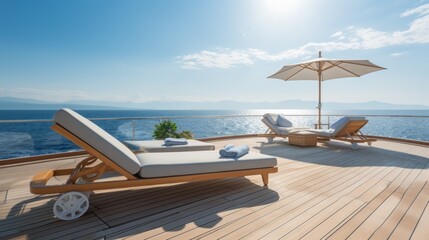 
A photo showcasing a luxurious sunbathing experience on the deck of a yacht, with the ocean stretching out in the background.