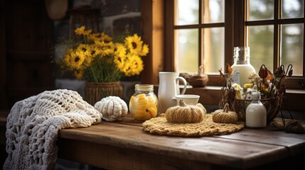 
A photo showcasing crocheted home decor items displayed on a rustic farmhouse table, adding a touch of charm to the setting.