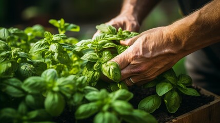 Close-up of hands harvesting aromatic herbs, like basil and mint, in a kitchen garden, capturing...