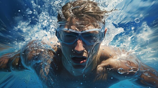 Scenes from a competitive swimming race, capturing the determination and speed of swimmers in the pool.