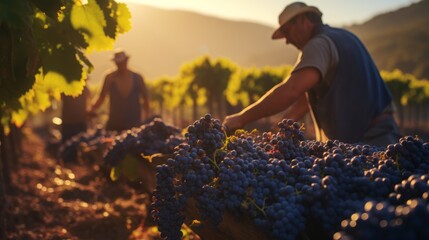  Scenes of workers harvesting ripe grapes in a vineyard during the early morning light, capturing...