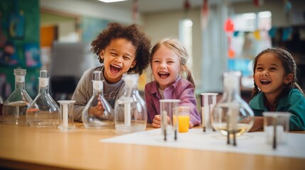
Scenes of enthusiastic elementary school students participating in a hands-on science experiment, creating a dynamic and educational atmosphere. - obrazy, fototapety, plakaty
