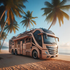 large motorhome made from a modern bus against the background of the beach