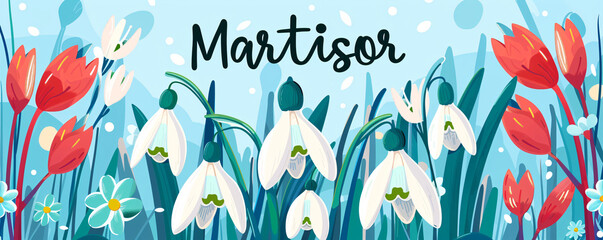 Martisor celebrating postcard with lettering and snowdrops flower. Baba Marta holiday concept. Martenitsa. Moldovan Romanian and Bulgarian symbol for spring beginning - obrazy, fototapety, plakaty