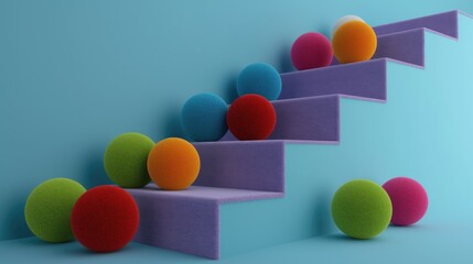 Colored balls of wool roll down the stairs