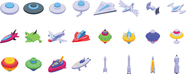 Alien cosmic starship icons set isometric vector. Fantasy spaceship. Flying futuristic © ylivdesign