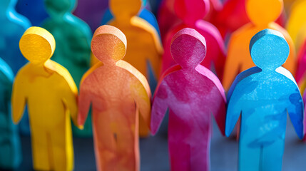Pupazzi colorati di cartone, inclusione sociale, lavoro di squadra comunitario appartenenza equità diversità - obrazy, fototapety, plakaty