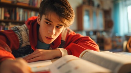Stressed male teenage student, exhausted and frustrated young man sitting at a desk or table in his room, studying. Paper notebooks open, homework deadline, worried and anxious teen - obrazy, fototapety, plakaty