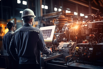 Industrial workers in helmets performing maintenance on industrial machinery and checking the security system in the factory.