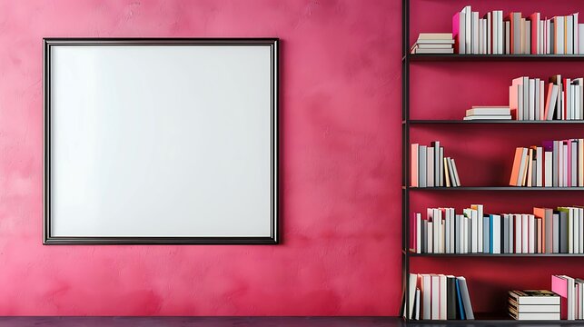 A mockup poster blank frame hanging on a vibrant magenta wall, above a minimalist wall-mounted book rack, Minimalist-style living area