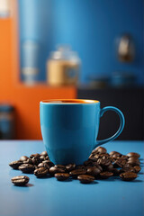 Creative coffee concept in blue and orange colors. Cup of coffee on a creative background.