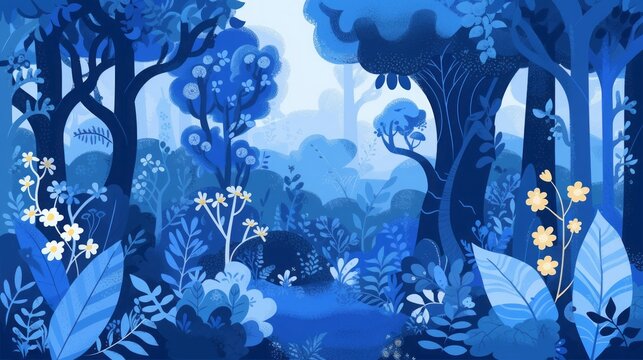magical night forest flat illustration.